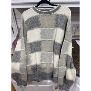 STEFANO MAN Vintage Plaid Knit Sweater Mens XL Cream Gray Checkerboard Cozy